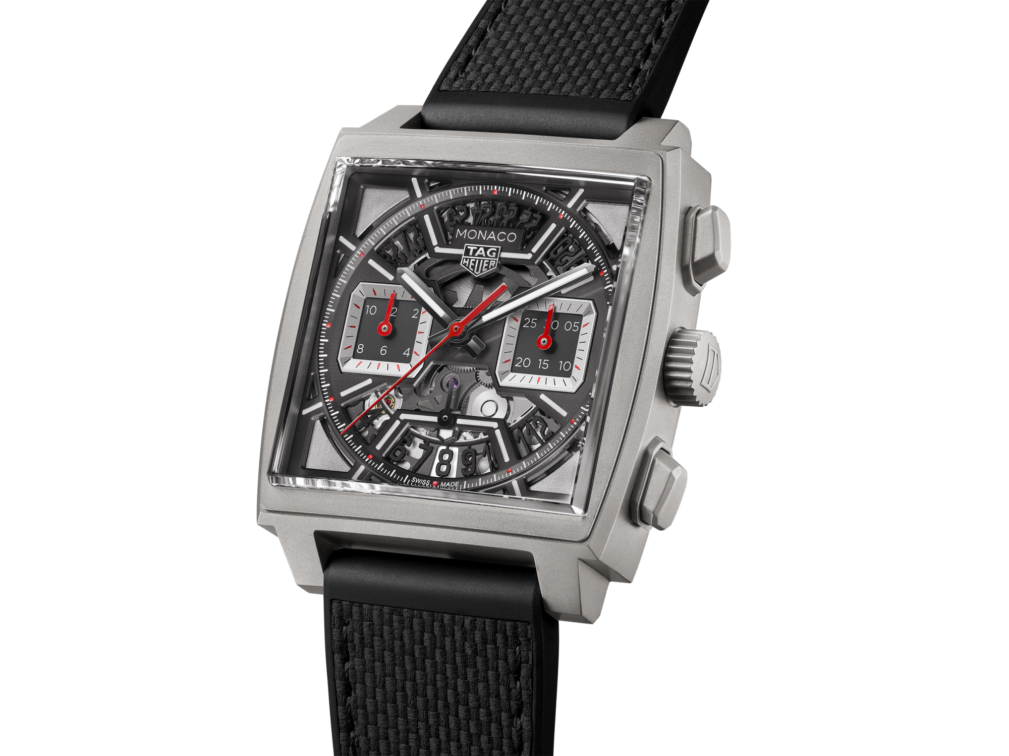 Tag Heuer Monaco Chronograph 39mm Watch - Black Dial - Embossed Black Rubber & Leather Band - Black Titanium Square Case